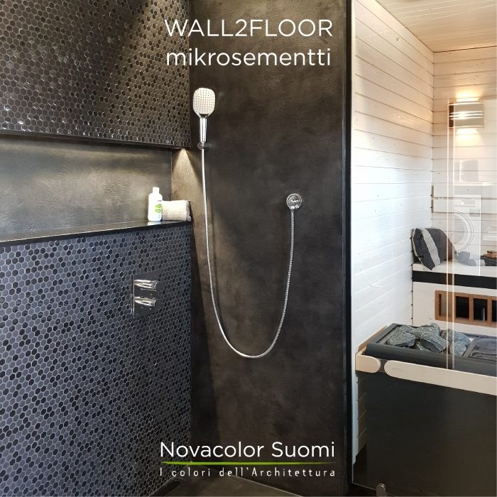 Novacolor Wall2Floor - mikrosementti kylpyhuoneessa musta patina