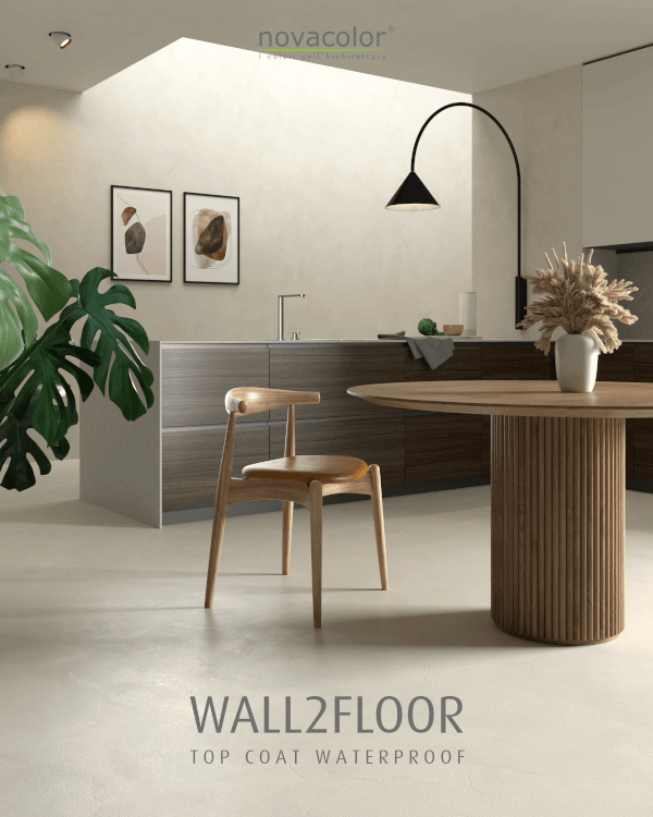 wall2floor-top-coat-waterproof-epoksilaasti-keittiön lattiassa ja seinässä. Vaalean beige sävyinen laasti.